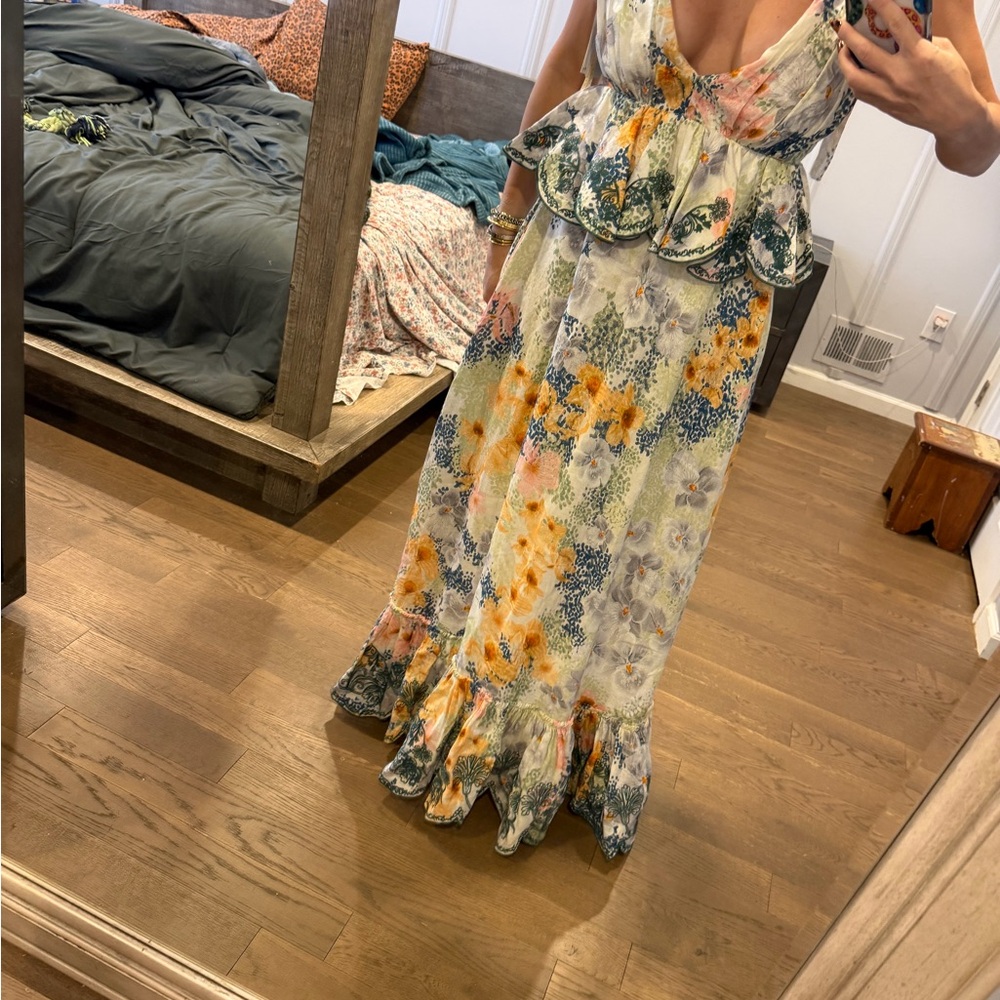 Agua Bendita Floral Peplum Maxi Dress in Yellow, Blue, Pink
